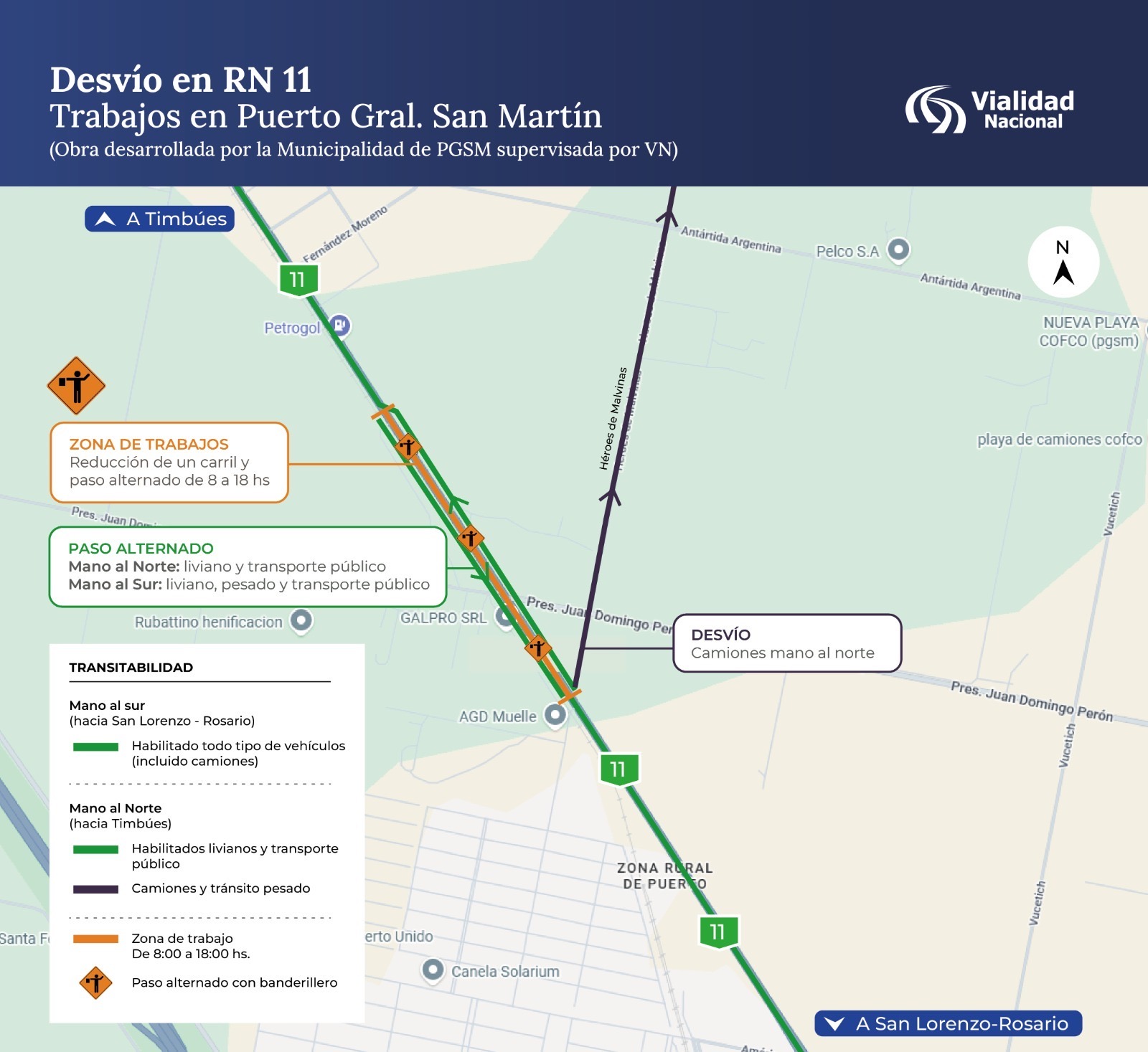 Mapa de desvíos y paso alternado en la Ruta Nacional 11 en Puerto General San Martín