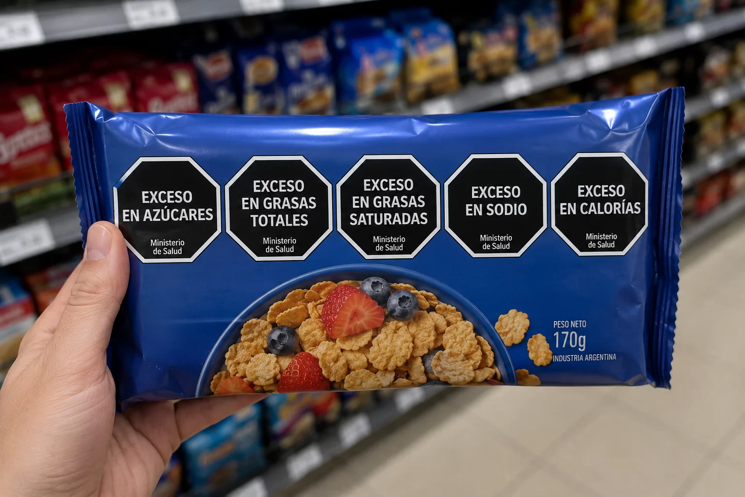 Paquete de cereal con cinco sellos octogonales del etiquetado frontal: azúcares, grasas, sodio y calorías